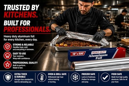 Heavy Duty Aluminum Foil Roll 18 Inch x 500 Feet, Extra Thick Commercial Grade Aluminum Foil Roll, 18x500 Foodservice Foil for Cooking, Grilling, Baking & Food Storage (1 PACK)