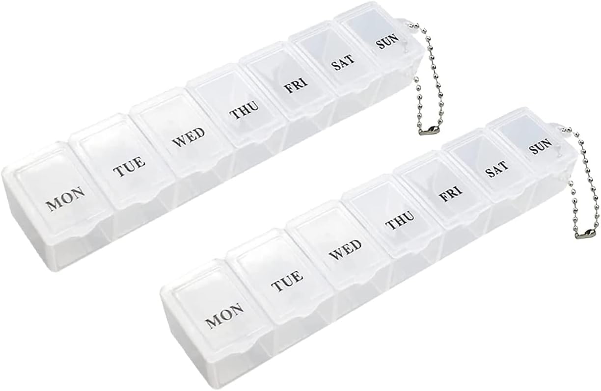 2Pcs Weekly Pill Box Organiser 7-Day Travel Dosset Box Portable Tablet Organizer Medicine Storage Box Pill Dispenser | Medium Medication Organizer - 2 Times a Day for Pills/Fish Oil/Vitamins (Clear)