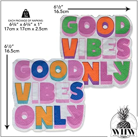 WHW Whole House Worlds 40 Count Good Vibes Only Napkins, Text Theme, 2 Packs of 20, 3 Ply Paper, Luncheon Size, 6.75 x 6.75 Inches, Food Safe Inks