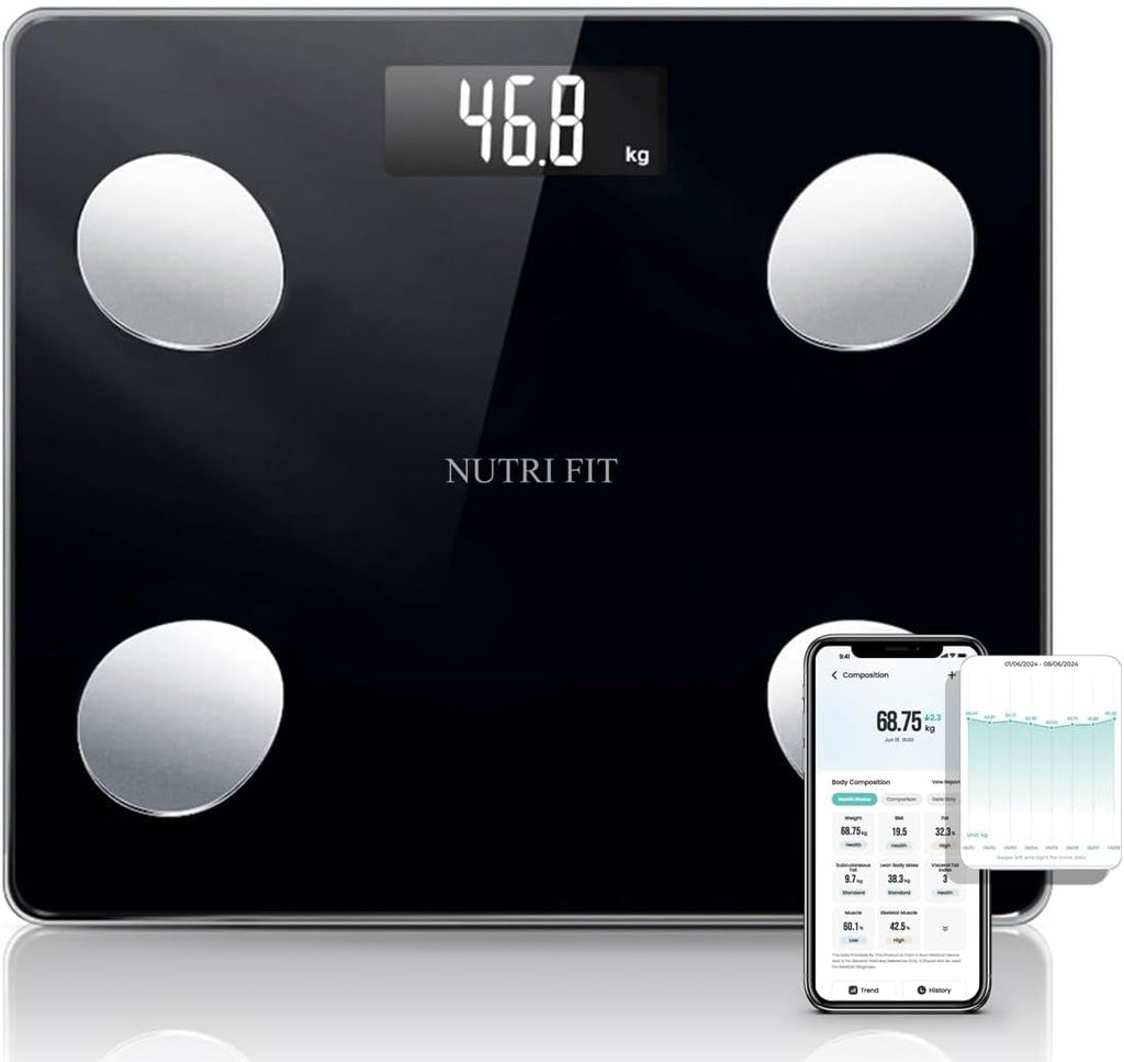 NUTRI FIT Scale for Body Weight Digital Bathroom Smart Scale with Bluetooth for BMI, Body Fat, Muscle Mass, 20 Body Composition Analyzer Health Monitor Sync Apps 330lbs, Batteries Included