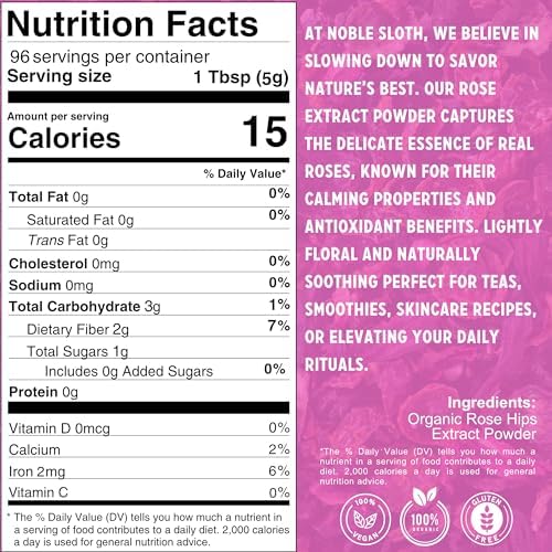 Noble Sloth Natural Rose Extract Powder 16oz - Water Soluble, Food Grade, Pure Roses Petal Powder From Organic Rose Petals - For Baking, Drinks, Tea, DIY Beauty, Skincare & Bath Bombs