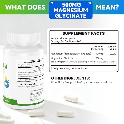 Magnesium Glycinate 500mg per Capsule – 240 Capsules – High Absorption Magnesium Supplement for Relaxation, Calmness & Muscle Support – Gentle on Stomach – Made in USA