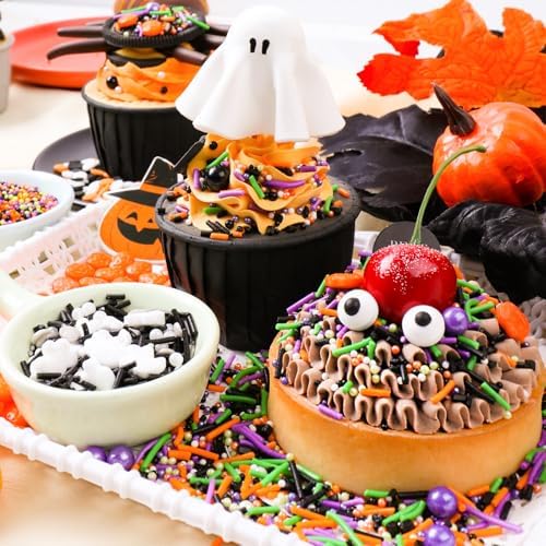 Halloween Sprinkles for Cake Decorating - 6.53 oz Edible Candy Eyes, Pumpkin, Ghost, Spider, Confetti, Nonpareils Sprinkle Mix, Cupcake Cookie Decorations for Fall Halloween Party Treats
