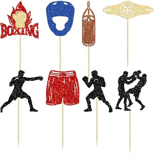 Ephlyn 24Pcs Boxing Player Cupcake Toppers Glitter Boxing Gloves Cupcake Decorations Picks Boxer Gym Theme Baby Shower Birthday Party Supplies Multi