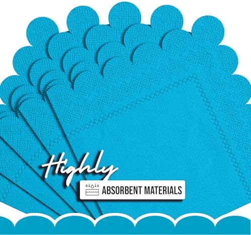 Turquoise Scalloped Napkins Disposable 50 Pcs 2-Ply Turquoise Scalloped Cocktail Napkins Paper Everyday for Cocktail Parties, & Party Supplies