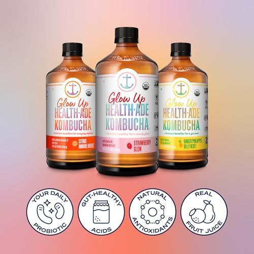 Health-Ade Kombucha Tea Organic Drink, Fermented Tea with Living Probiotics, Detoxifying Acids, Supports Gut Health, Non-GMO, Vegan, Gluten Free, 12 Pack (16 Fl Oz Bottles), Glow Up Variety Pack