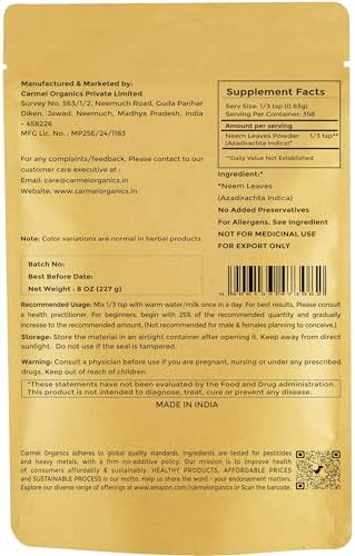 CARMEL ORGANICS Neem Leaves Powder | 8 Oz or 227 Grams | Natural | Non GMO | No Added Preservatives or Additives | Azadirachta Indica Powder