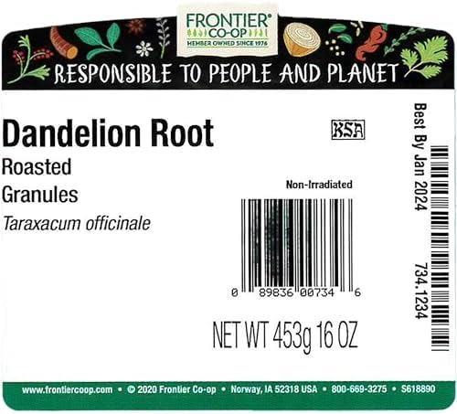 Frontier Co-op Roasted Dandelion Root Granules, 1lb Bulk Bag - Drip Grind Herb for Dandelion Root Tea, Juices, Stews, Soups, and More, Kosher
