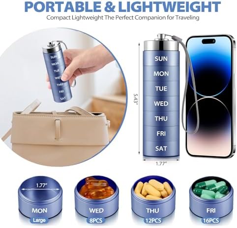 Metal Weekly Pill Organizer, Large Travel Pill Box, Portable Aluminum Alloy Waterproof Container, 7 Day Daily Medicine Organizer Holder for Vitamin, Fish Oil, Supplement, Dark Blue