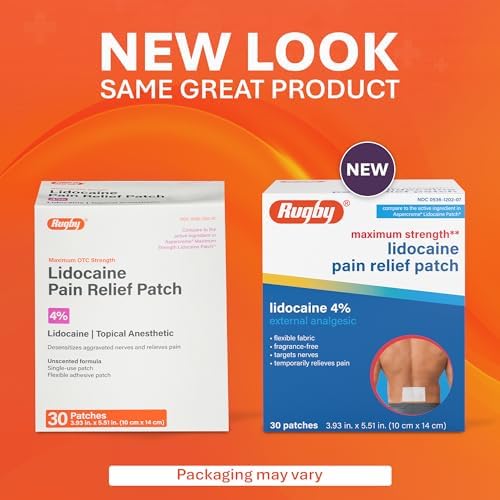 Rugby Maximum Strength Lidocaine Pain Relief Patch - 4% Lidocaine - Topical Anesthetic - Unscented - 30 Patches (1 Pack)
