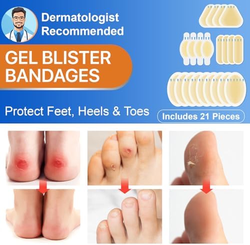 Blister Bandages for Feet, Hydrocolloid Blister Prevention Pads, Waterproof Cushioning Gel Tape for Running, Hiking, Heel, Ankle, Blister Prevention & Recovery, 2 Pack(42PCS)