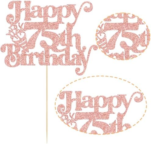 Gyufise 1Pc Happy 75th Birthday Cake Topper Glitter Happy Birthday Cake Pick Cheers to 75 Years for 75th Anniversary Wedding Party Cupcake Decorations Supplies Rose Gold