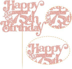 Gyufise 1Pc Happy 75th Birthday Cake Topper Glitter Happy Birthday Cake Pick Cheers to 75 Years for 75th Anniversary Wedding Party Cupcake Decorations Supplies Rose Gold