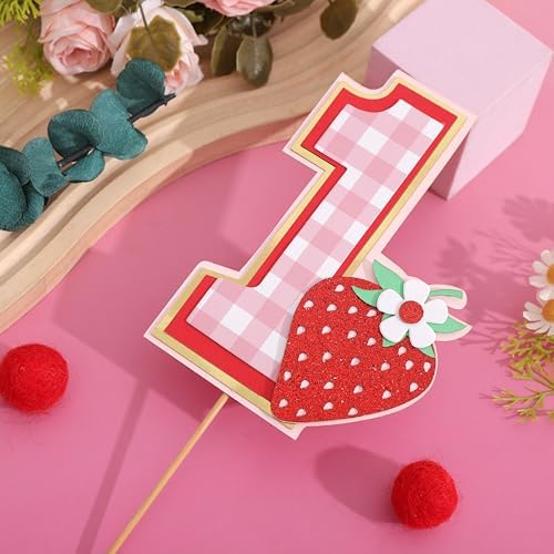 Berry 1st Birthday Cake Topper - Strawberry One Birthday Decorations,Red Berry Sweet Party Photo Props,First Strawberry Cake Topper,Summer Fruit Party Decorations