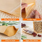 100 PCS Stand Up Pouches, 4 x 6 inch Kraft Paper Food Bags with Clear Window, Reusable Zipper Food Storage Bags Resealable Pouches for Foods, Coffee Beans, Snacks