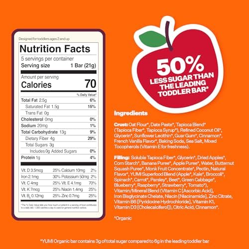 Yumi Organic Toddler Snacks Bars - Gluten-Free, No Added Sugar, 7+ Vegetables, Soft-Baked Crust Yumi Bars, Healthy Toddler Organic Snacks - School Safe and for Lunch Boxes, Apple Cinnamon & Squash (30ct.)