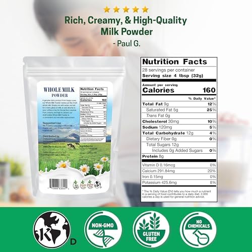 Z Natural Foods Premium Whole Milk Powder - Powdered Milk for Baking, Cooking, Drinks - Dry Milk Powder, Pasteurized, Non-GMO, Gluten-Free, Kosher-Certified, 2 lbs