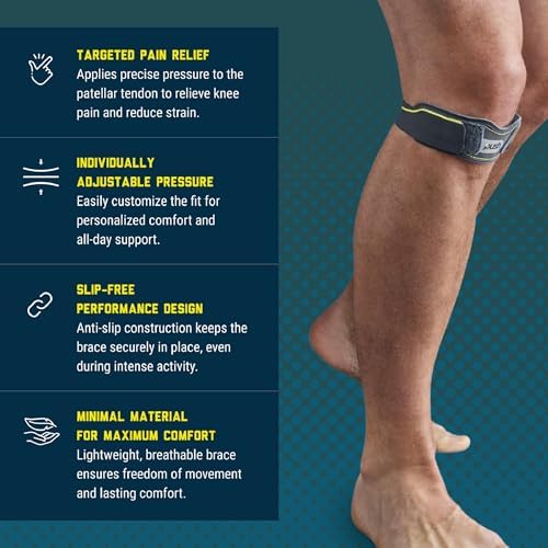 Push Sports Patella Brace for Pain Relief from Jumper's Knee and Osgood-Schlatter Disease. Non-Slip Brace Comfortably Stays in Place During Sports & Competition. (One-size)
