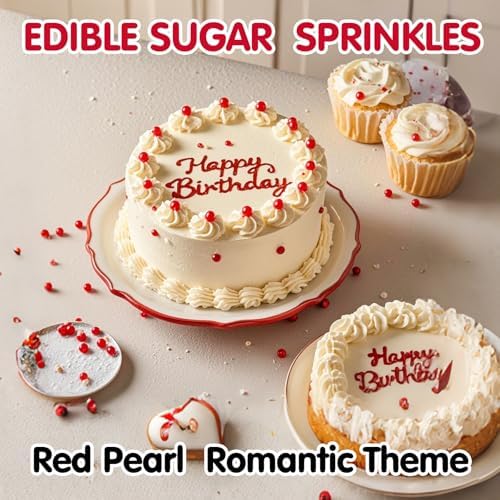 Edible Red Pearl Sprinkles,130g,Edible Pearl Sugar Sprinkles,Baking Edible Cake Decorations,Cupcake Toppers,Cookie Decorating,Donuts Ice Cream Toppings,Wedding Birthday Party Mother's Day Supplies