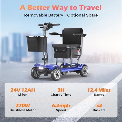 Lightweight Mobility Scooter for Adults & Seniors - Cruise & Airport Approved, 43lb Foldable Portable Motorized Scooters with Removable Lithium Battery for 12.4 Miles Travel, 300lb Capacity, Blue