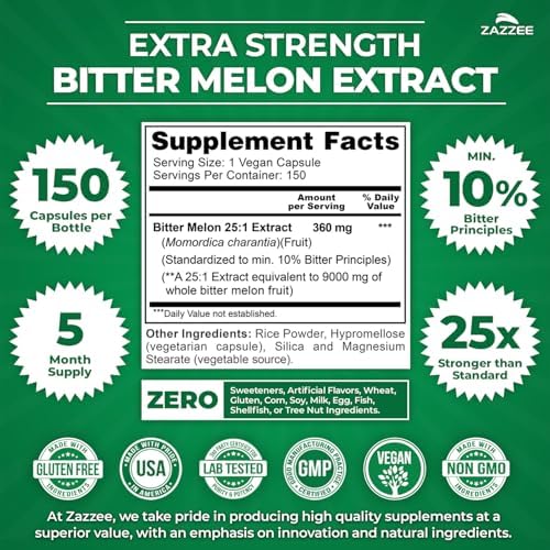 Zazzee Extra Strength Bitter Melon 25:1 Extract, 10% Bitter Principles, 150 Vegan Capsules, 5 Month Supply, Momordica Charantia, Antioxidant & Metabolic Support, Non-GMO, Made in the USA