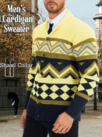 EHSUYAB Mens Cardigan Sweater, Shawl Collar Long Sleeve Button Down Color Block Graphic Print, Fall Winter Casual Outfits