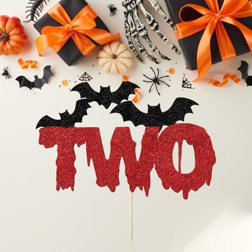 Halloween TWO Cake Topper with Black Bats, 2nd Birthday Themed Spooky Decoration for Halloween Baby second Birthday Party Supplies (TWO)
