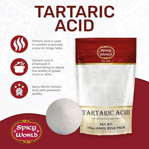 Spicy World Tartaric Acid Pure 14oz Large Bag - Top Grade, USP Certified, Food Grade, Vegan - Perfect for Wine Making, Mead