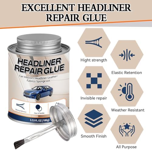 Car Headliner Glue, Upholstery Adhesive, Strong Automotive Interior Glue with Brush, Transparent Repair, Suitable for Fabric and Leather, 3.53OZ