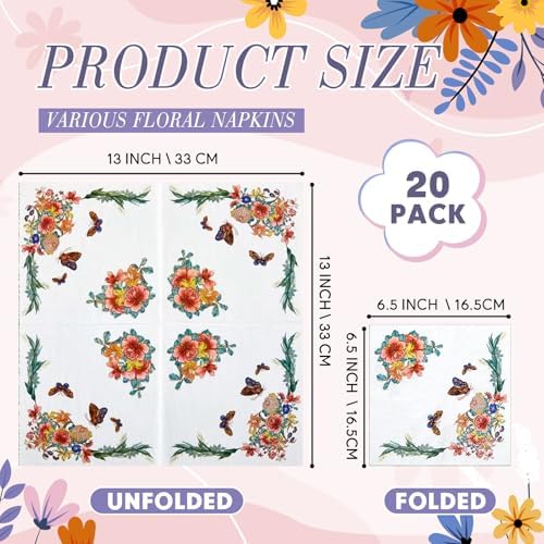 Crtiin 20 Pack Decoupage Napkins Floral Napkins Flower Cocktail Paper Decorative Toilet for Valentine's Day Birthday Party Beautiful Gorgeous, 20 Styles Each 6.5 Inches(Style 1)