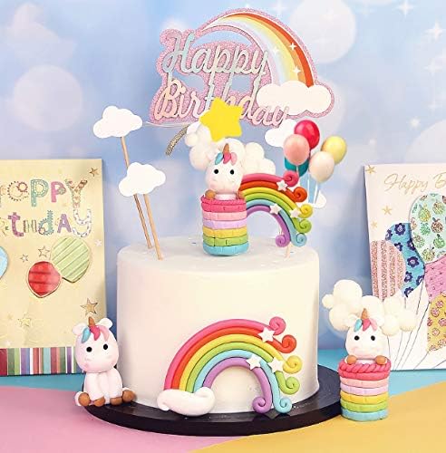 Palksky Colorful Rainbow Cake Topper/Wedding Cake Flags/Cupcake Picks Set -Include Cloud Balloon Moon Stars/Boy Girl Kid Birthday Baby Shower Party Baking Decoration Supplies