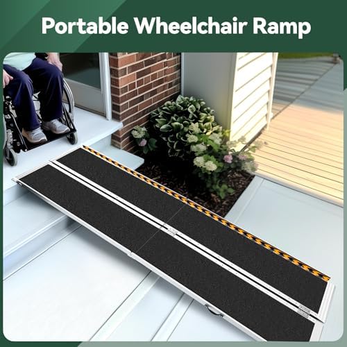 7 Feet Wheelchair Ramp, Non-Slip Aluminum Folded Handicap Ramp with Support Legs, Safer Door Threshold Wheelchair Ramps for Home, Wheel Chair Ramp for Home Steps, Stairs, Entry, Doorways