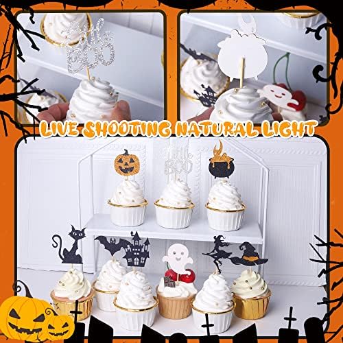 Rsstarxi 36 Pack Halloween Cupcake Toppers Glitter Bat Little Boo Pumkin Cupcake Picks Witch Hat Spooky Ghost Castle Cat Cake Decorations for Halloween Theme Baby Shower Kids Birthday Party Supplies