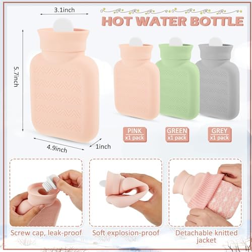Amylove 3 Pcs Mini Hot Water Bottle with Knitted Cover 320ml, Mother's Gift Water Bag for Women, Microwave Heating Bottle for Pain Relief Menstrual Cramps Travel(Gray, Pink, Green,Heart Print)