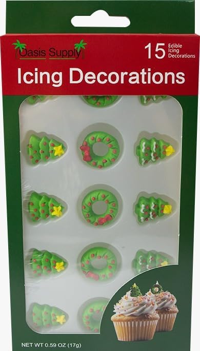 Christmas Holidays Edible Cake Decorations - Candy or Cupcake Topper - 15 Count Trees and Wreaths