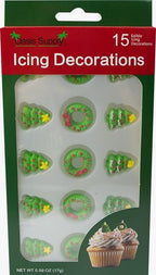 Christmas Holidays Edible Cake Decorations - Candy or Cupcake Topper - 15 Count Trees and Wreaths