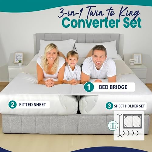 3-in-1 Fitted Sheet Attached Bed Bridge Twin (XL) to King Converter Kit with Sheet Strap Set | Split King Gap Filler for Adjustable Bed | White