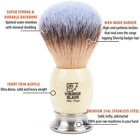 Luxury Shaving Brush for Men by VIKINGS BLADE, Ultra Heavy Acrylic & 316L Steel Handle, Super Strong Knot Backbone, Minimal Shedding, Fast Lather, Extremely Smooth & Plush on Skin (White Knight)