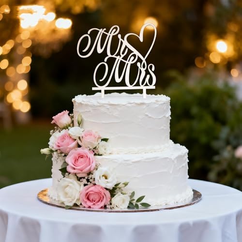 Mr & Mrs Wood Wedding Cake Topper - Bride & Groom Wedding decor for Engagement Party, Anniversary Decorations Supplies