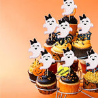 24 PCS Ghost Cupcake Toppers Pink and Black Glitter Bow Spooky Halloween Cupcake Picks for Halloween Ghost Theme Baby Shower Kids Birthday Party Cake Decorations Supplies