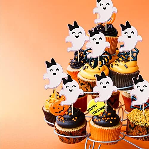 24 PCS Ghost Cupcake Toppers Pink and Black Glitter Bow Spooky Halloween Cupcake Picks for Halloween Ghost Theme Baby Shower Kids Birthday Party Cake Decorations Supplies