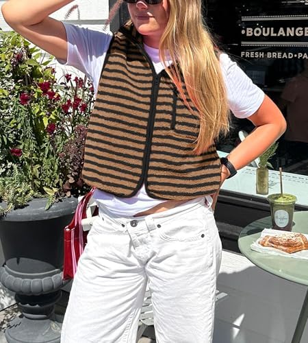 Colorful world Striped Fleece Vest Women High Neck Zip Up Sleeveless Teddy Sherpa Vest with Chest Pocket