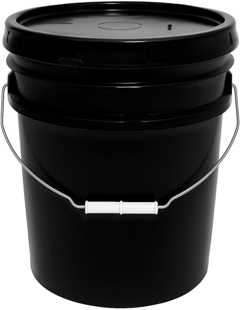 5-Gallon Bucket with Airtight Lid – Made in USA, Food Grade BPA Free Plastic, Heavy Duty Multi-Use, Metal Handle with Grip, Stackable Storage – Black, 1 Pack