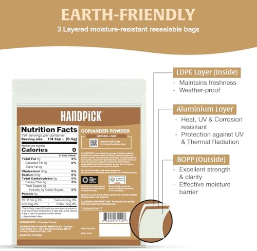 HANDPICK Coriander Powder (14oz) 100% Natural Ground Coriander | Premium Quality and High Value | Non-GMO, Gluten Free, Sourced from India | No Adulterations | Packed in Resealable Ziplock Pouch