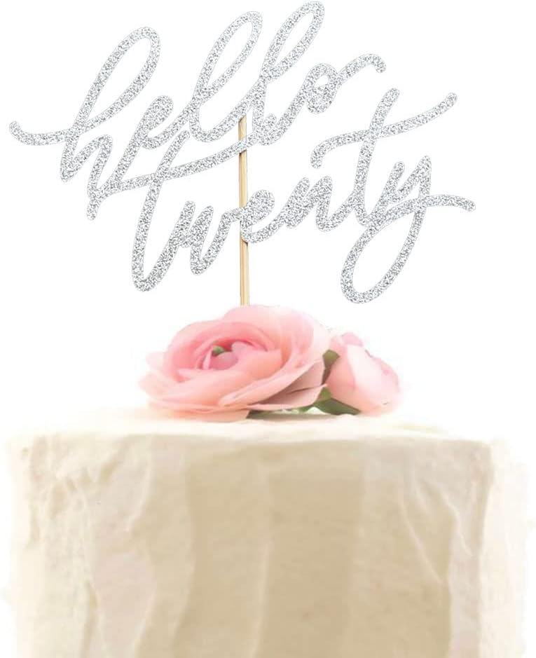 Hello Twenty Cake Topper, Happy 20th Birthday Cake Decorations, Handwriting Script 20th Anniversary Party, Silver Glitter
