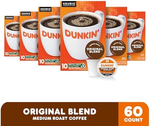 Dunkin’ Original Blend Coffee, Medium Roast, K-Cup Pods, Keurig K-Cup Pods, 10 Count Boxes (Pack of 6)