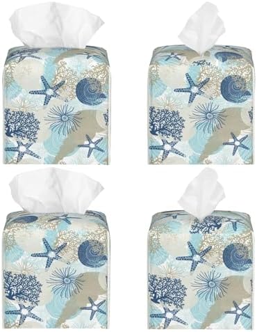 Tissue Box Holder Corals and Seashells Tissue Box Cover Square Leather Tissue Holder Organizer Portable Decorative Facial Paper Case for Home Office Bathroom Vanity Countertop