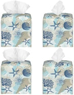 Tissue Box Holder Corals and Seashells Tissue Box Cover Square Leather Tissue Holder Organizer Portable Decorative Facial Paper Case for Home Office Bathroom Vanity Countertop