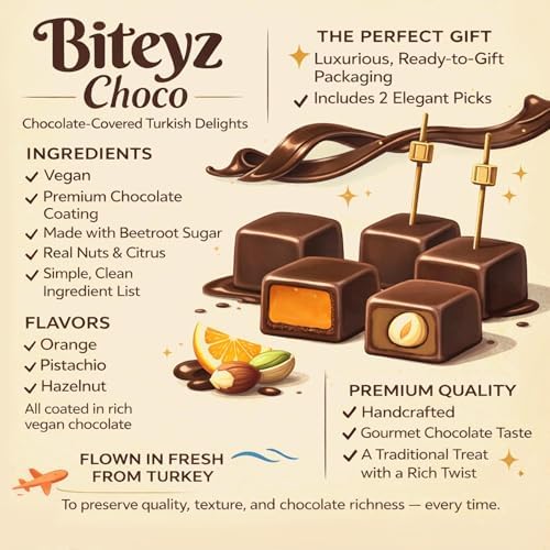 Biteyz Choco Turkish Delight, Vegan Candy Gift Box - Chocolate-Covered Assorted Treats with Orange, Pistachio, and Hazelnut, 25 Pieces of Gourmet Handmade Vegan Snacks