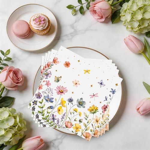 Konsait Flower Napkins - 50 Pack Spring Floral Dragonfly Decorative Paper Napkins for Wedding, Tea Party, Bridal Shower & More, 6.5 x 6.5 Inches